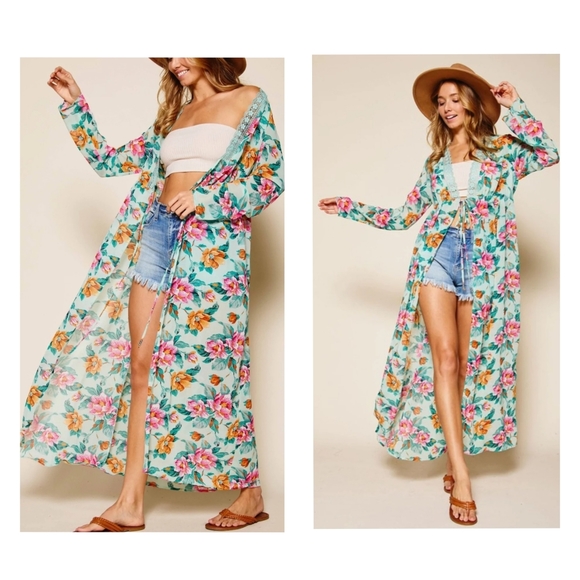 Lightweight boho floral lace trim self tie long kimono duster maxi cardigan - Picture 1 of 15